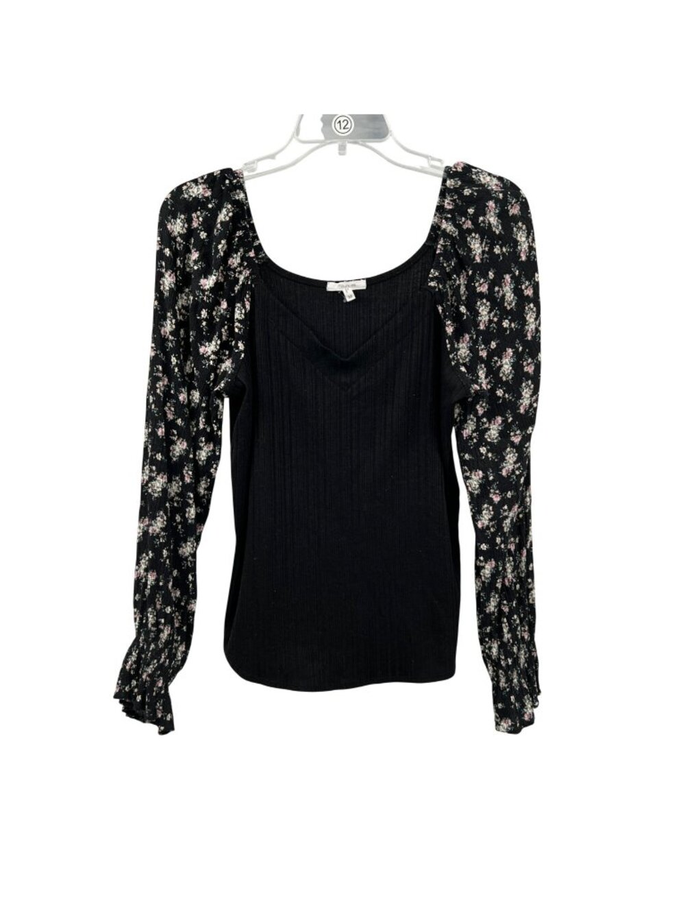 Maurices Womens Mixed Media Top Black/Multi Floral Long Sleeve Size Medium